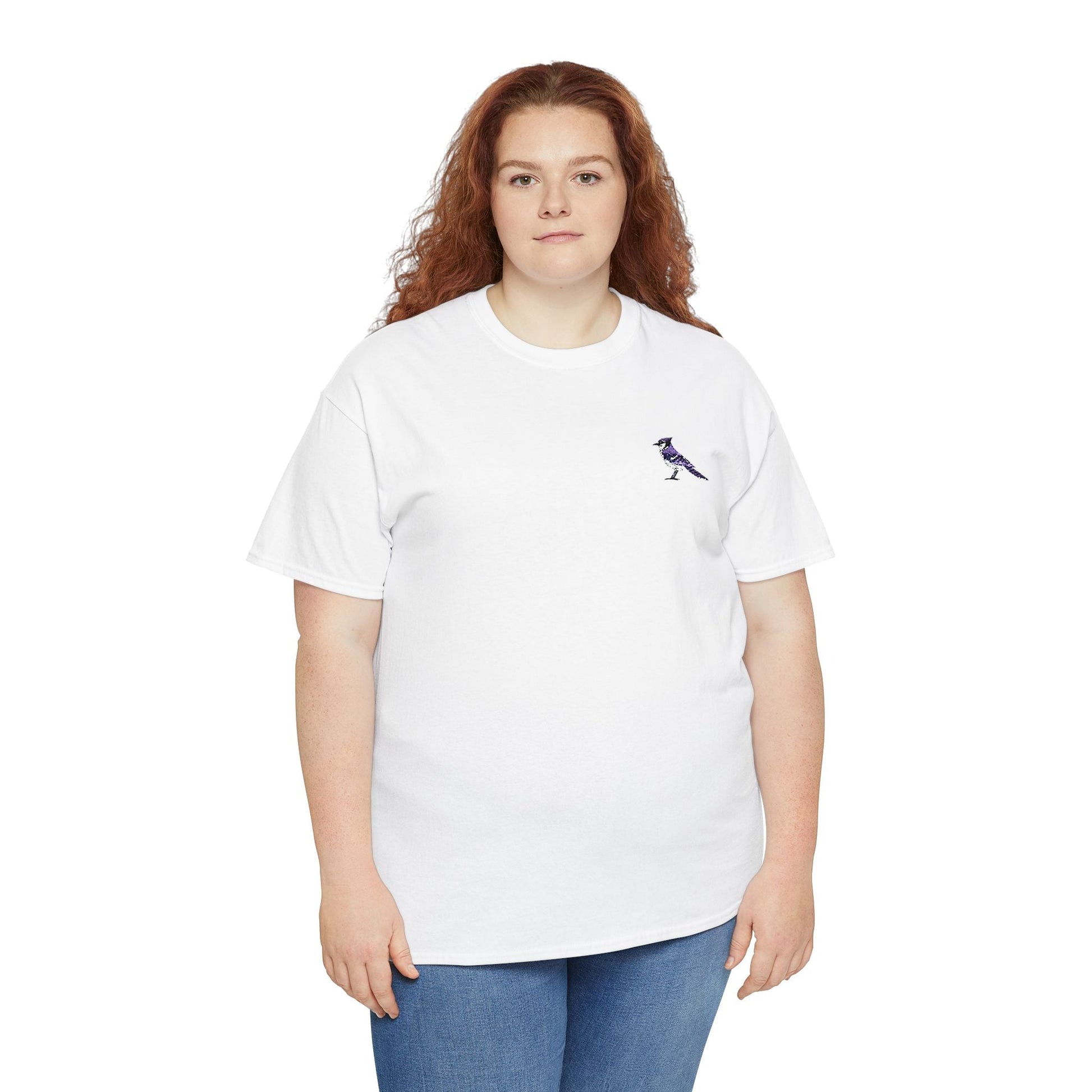 Person wearing a white t-shirt with a small logo on a white background
