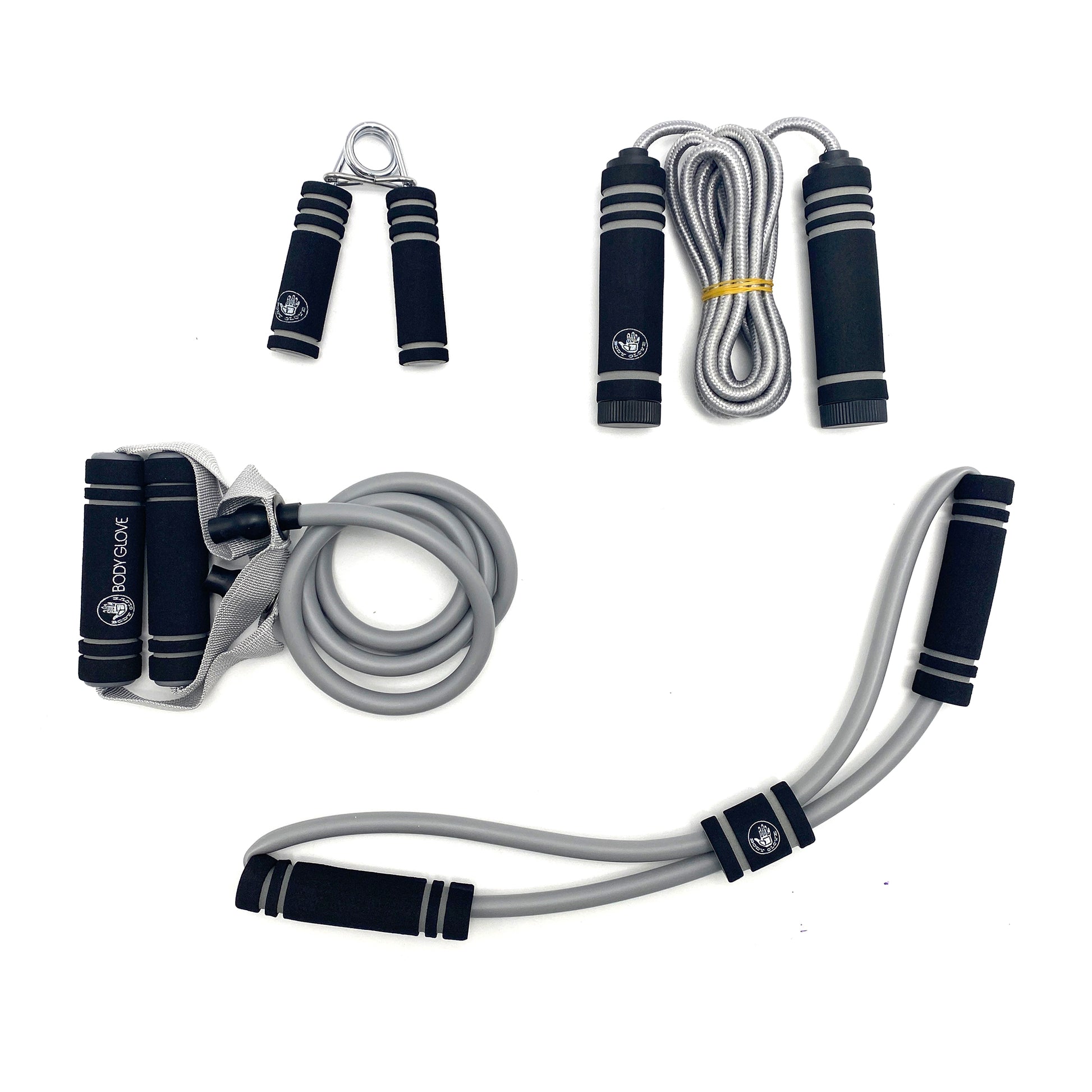 Body Glove 4-piece resistance training kit including jump rope, resistance tube, resistance band and hand grip on white background
