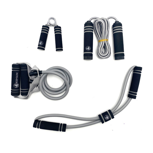 Body Glove 4-piece resistance training kit including jump rope, resistance tube, resistance band and hand grip on white background