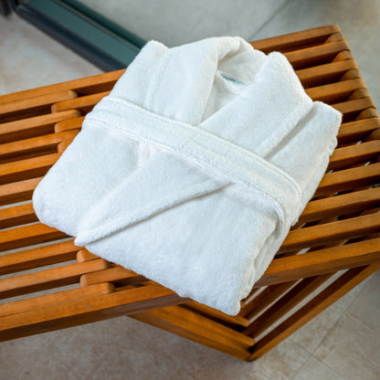 Luxury Organic Bathrobe Folded on a Gym Bench The Perfect Sustainable Present - ShopPurpleUmbrella