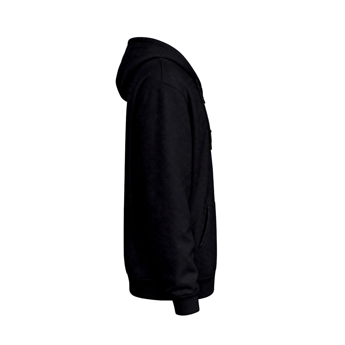 Side view of the black Emily Dickinson zip-up hoodie on a white background