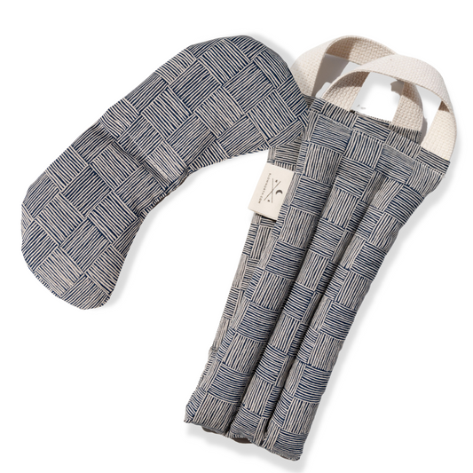 Eye mask and neck wrap bundle in Haystack, a navy crosshatch print on cream cotton-linen
