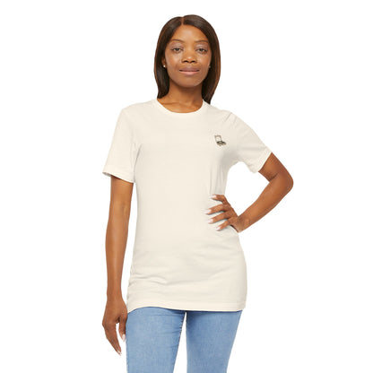 graphic tee of vintage record player on model cream