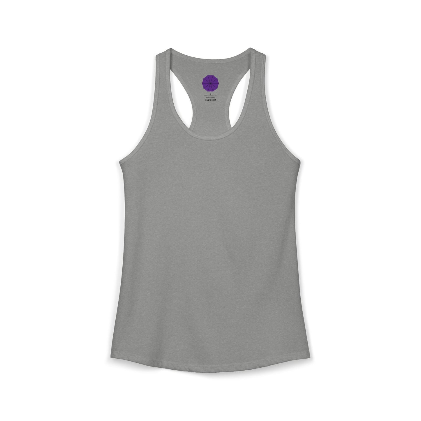 Gray tank top with a black symbol and text on a white background