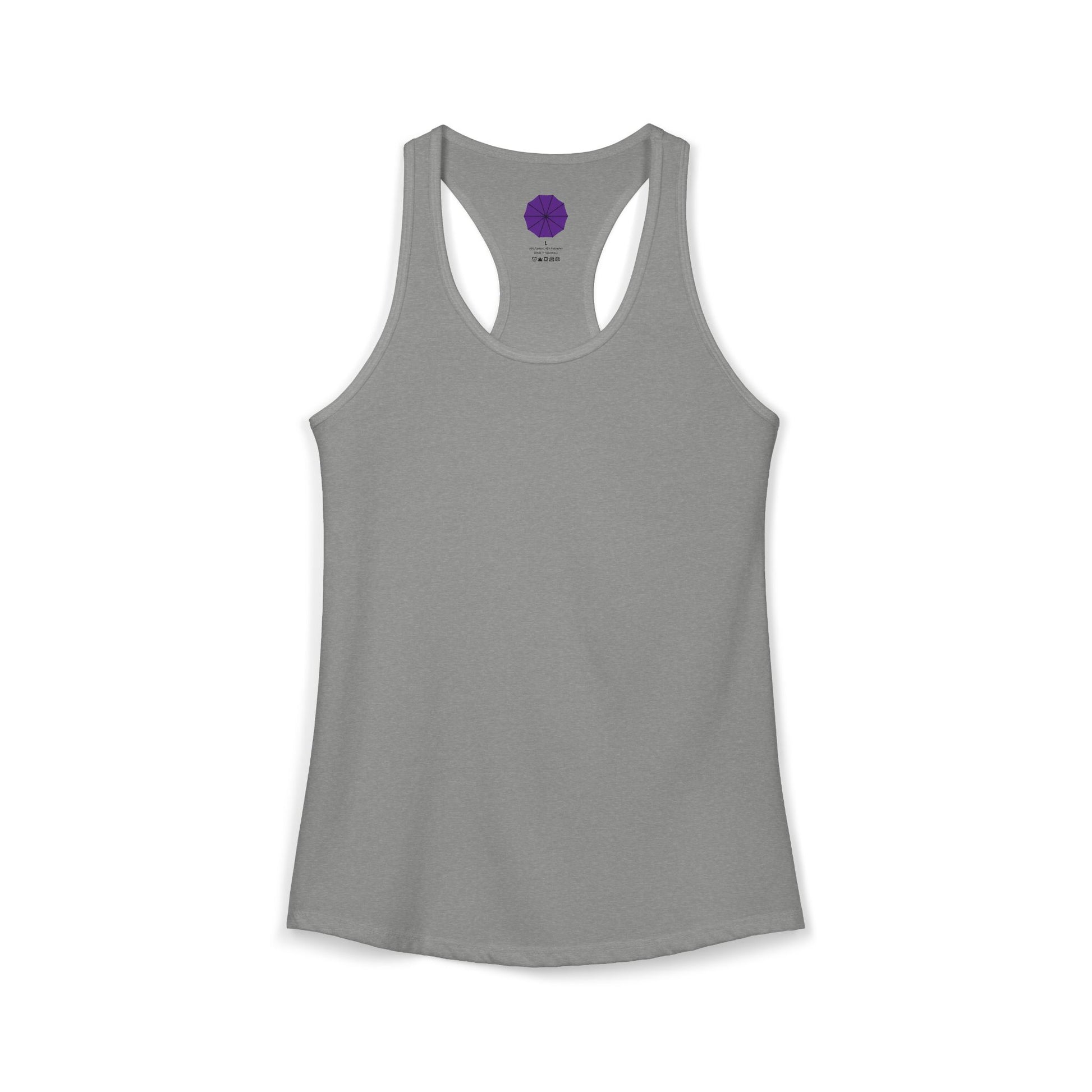 Gray tank top with a black symbol and text on a white background