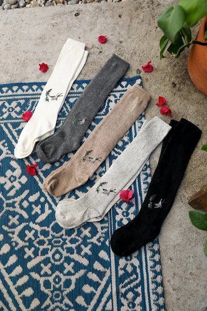 Hummingbird Embroidered Knee Socks - ShopPurpleUmbrella