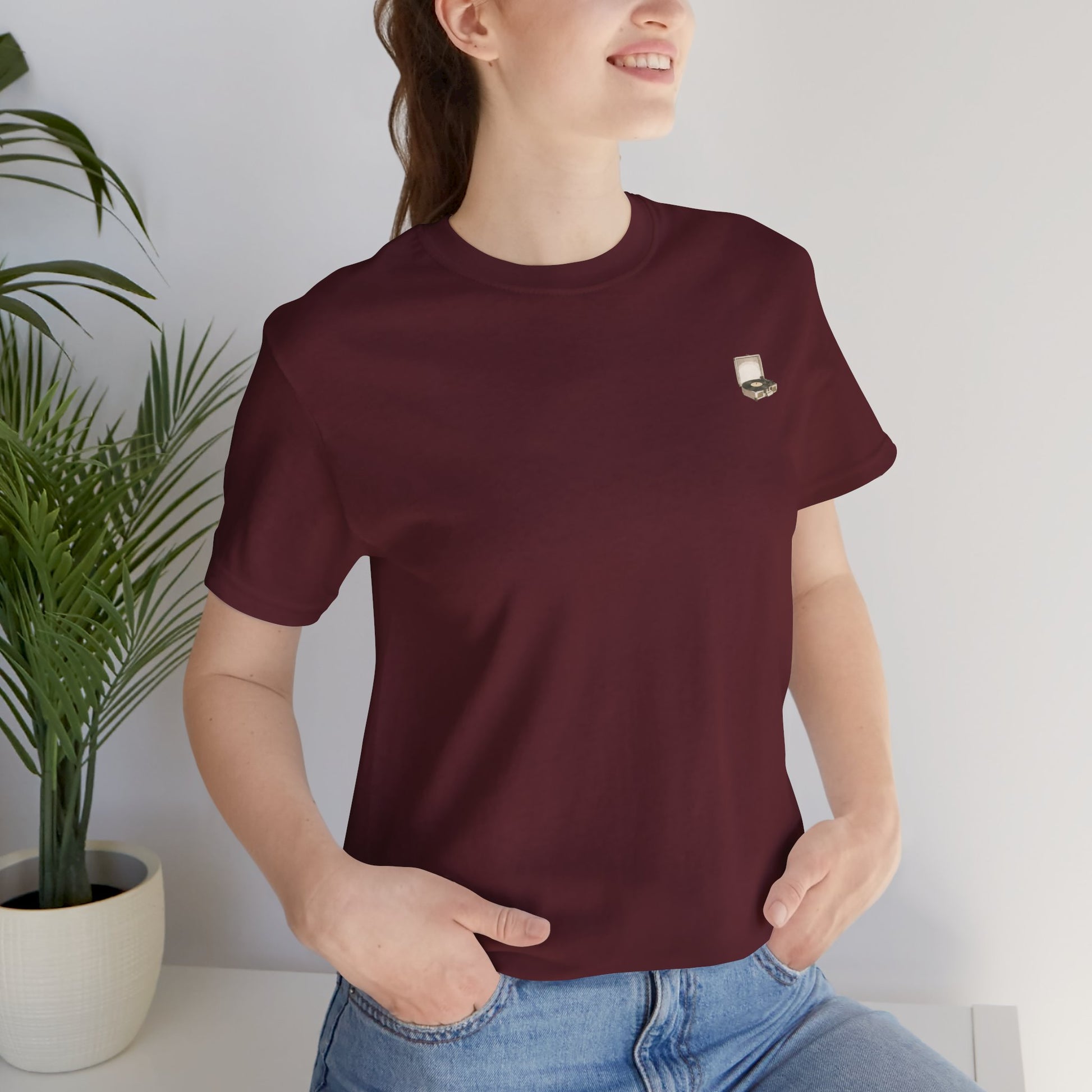 lifestyle shot vintage record player graphic tee
