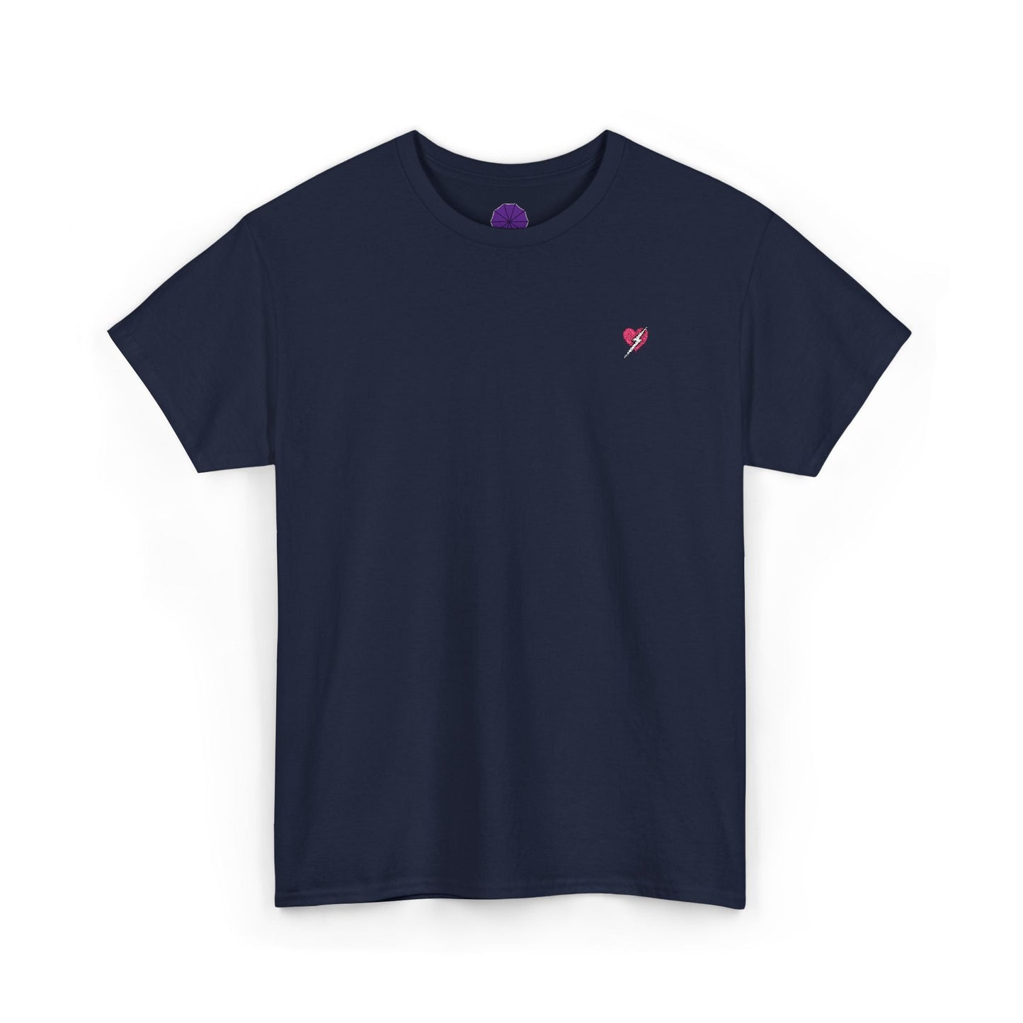 Navy blue t-shirt with a small red and white logo on a white background