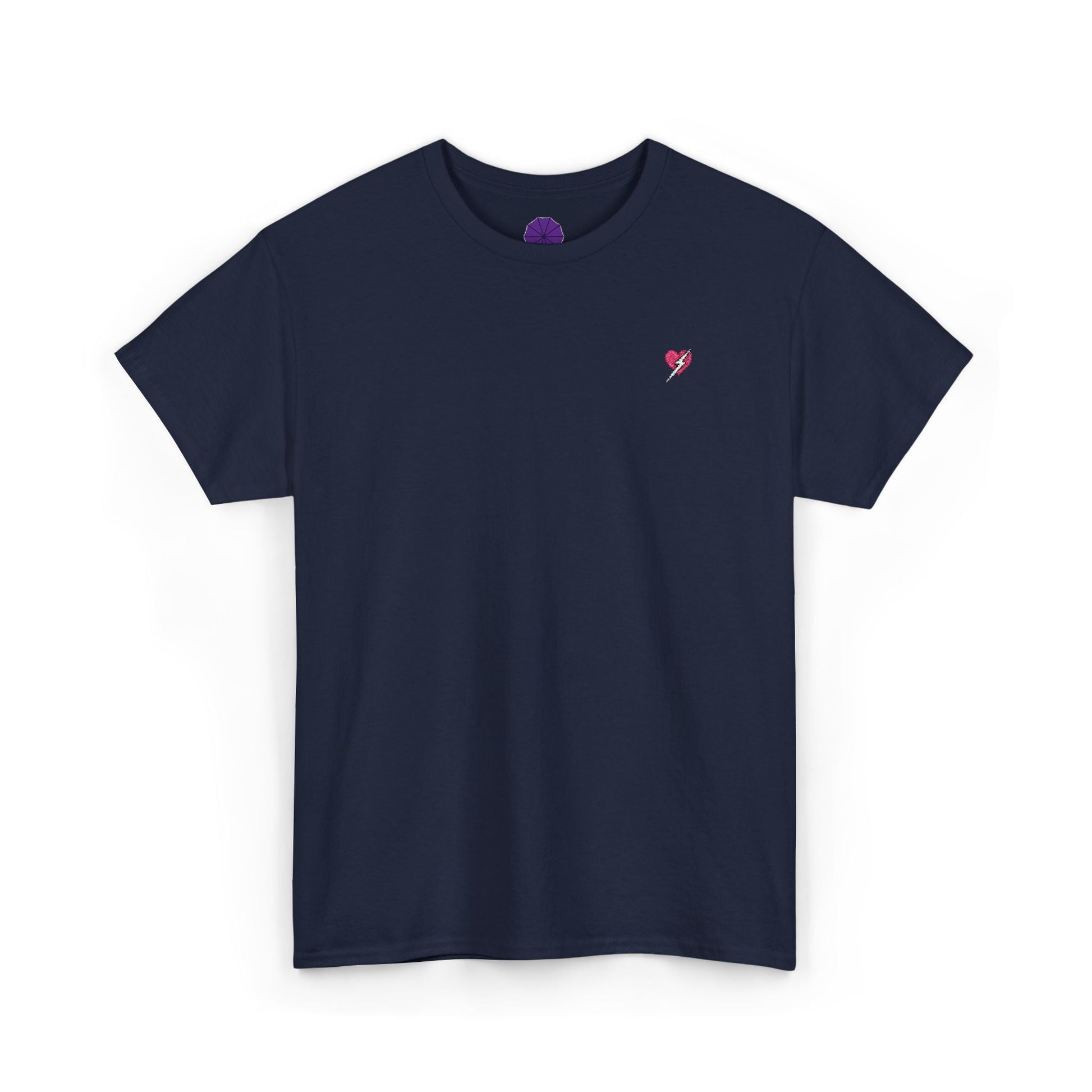 Navy blue t-shirt with a small red and white logo on a white background