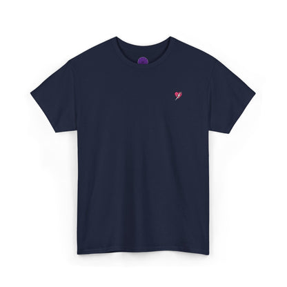 Navy blue t-shirt with a small red and white logo on a white background