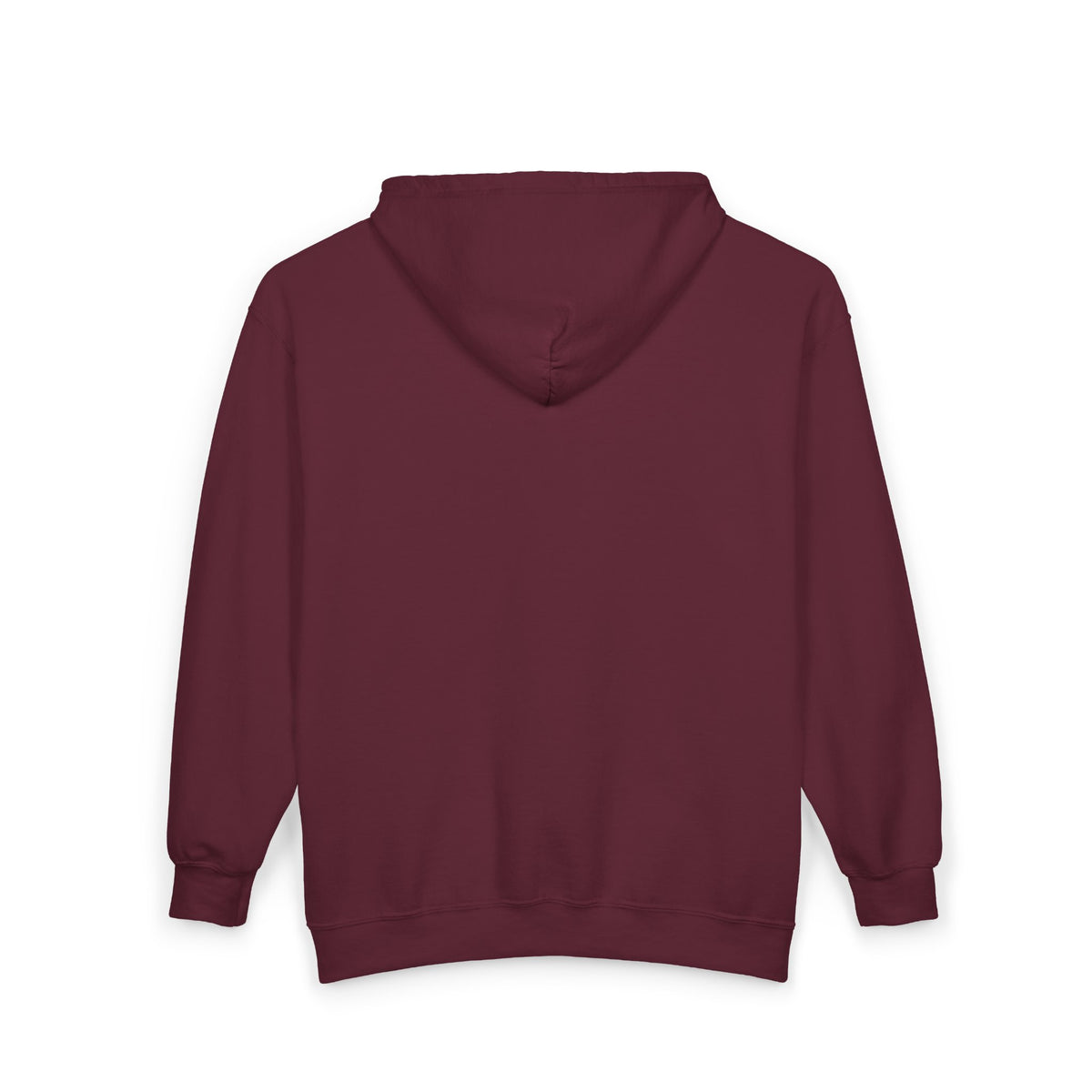 Back of the maroon Emily Dickinson zip-up hoodie on a white background