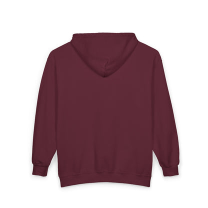 Back of the maroon Emily Dickinson zip-up hoodie on a white background