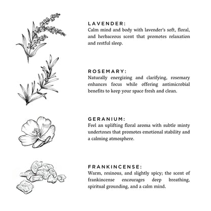 Illustrations of lavender, rosemary, geranium, and frankincense with descriptive text on a white background.