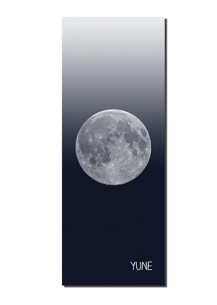 A vertical rectangular wall art print featuring a detailed gray moon centered on a dark navy-to-light-gray gradient background, with the word 'YUNE' in white at the bottom.