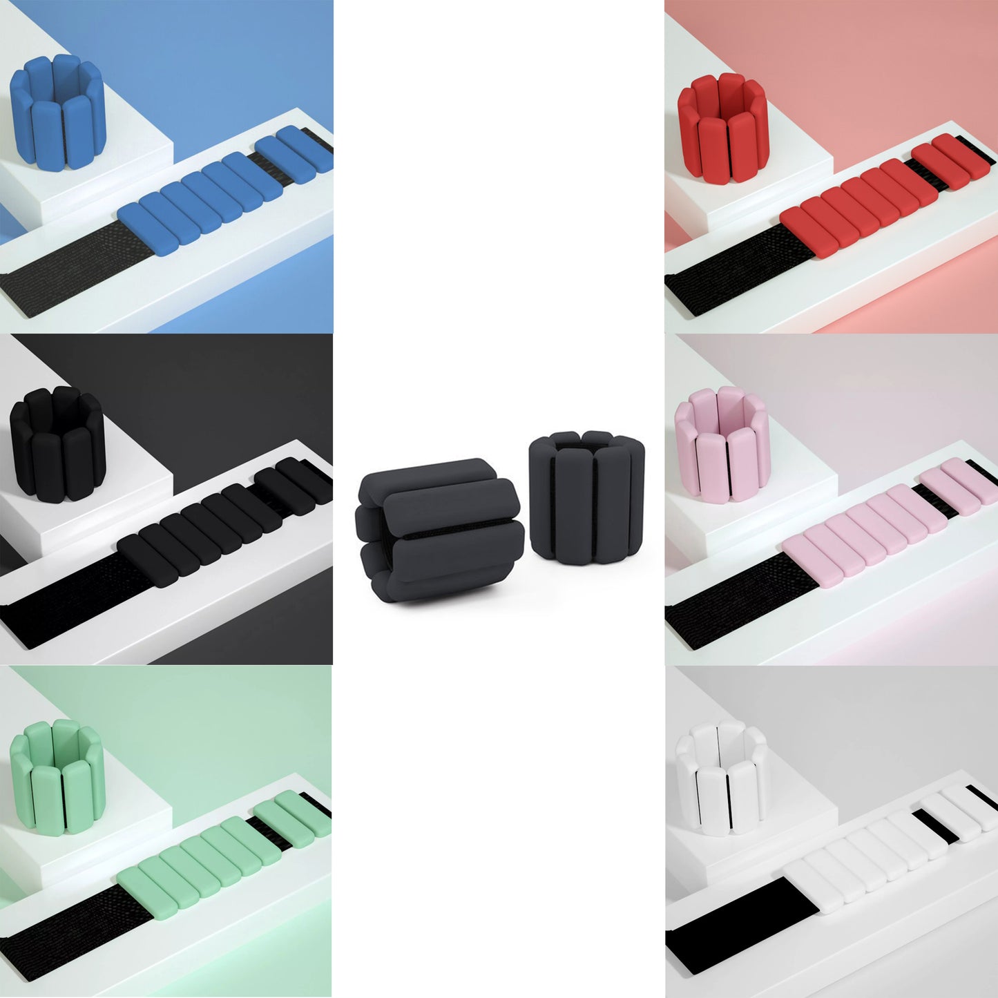 Silicone wrist and ankle weight bangles set of two shown in blue, red, black, pink, green and white on styled product display