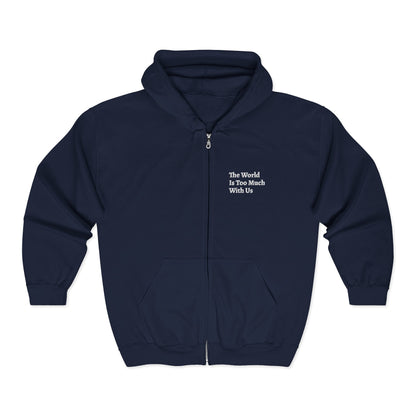 Navy blue hoodie with a logo on the chest against a white background with Wordsworth quote