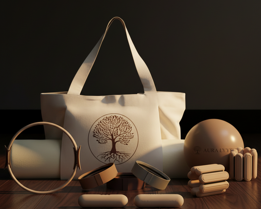 Cream canvas tote with a tree of life print, shown with a Pilates ring and rolled mat