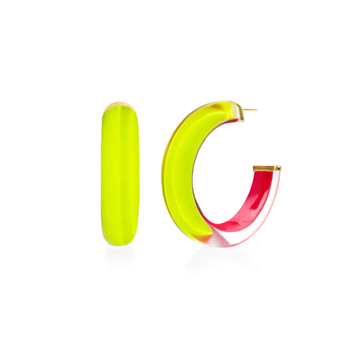 Lime and pink two-tone Lucite hoop earrings, front and side view