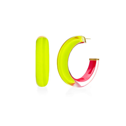 Lime and pink two-tone Lucite hoop earrings, front and side view