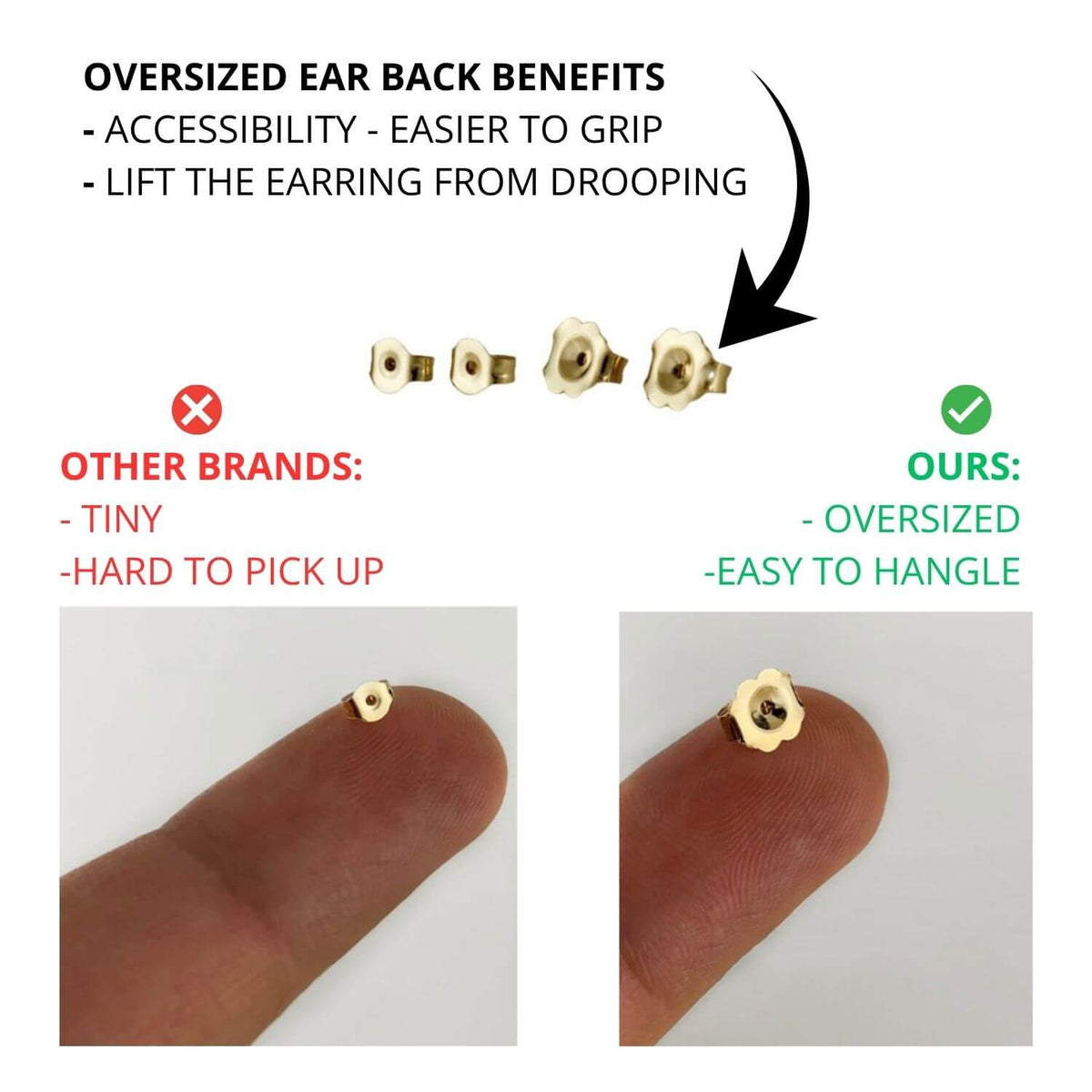 Oversized gold earring back compared with a tiny standard back, shown on a fingertip