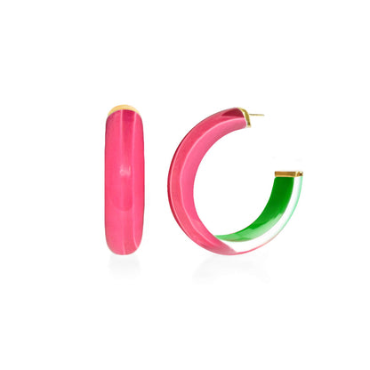 Pink and green two-tone Lucite hoop earrings, front and side view