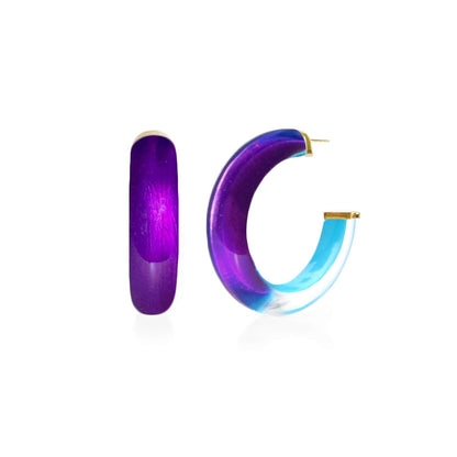Purple and blue two-tone Lucite hoop earrings, front and side view