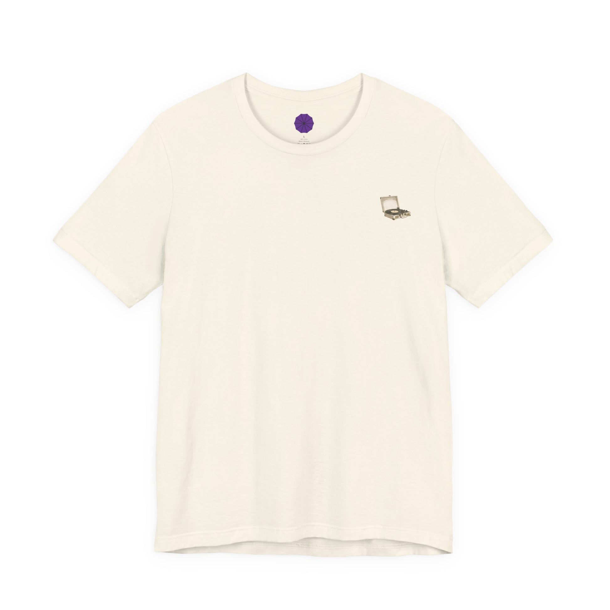vintage graphic record player tee on white background
