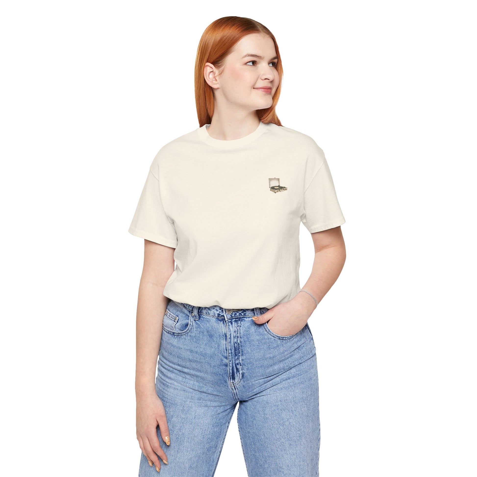vintage record player tee on model cream