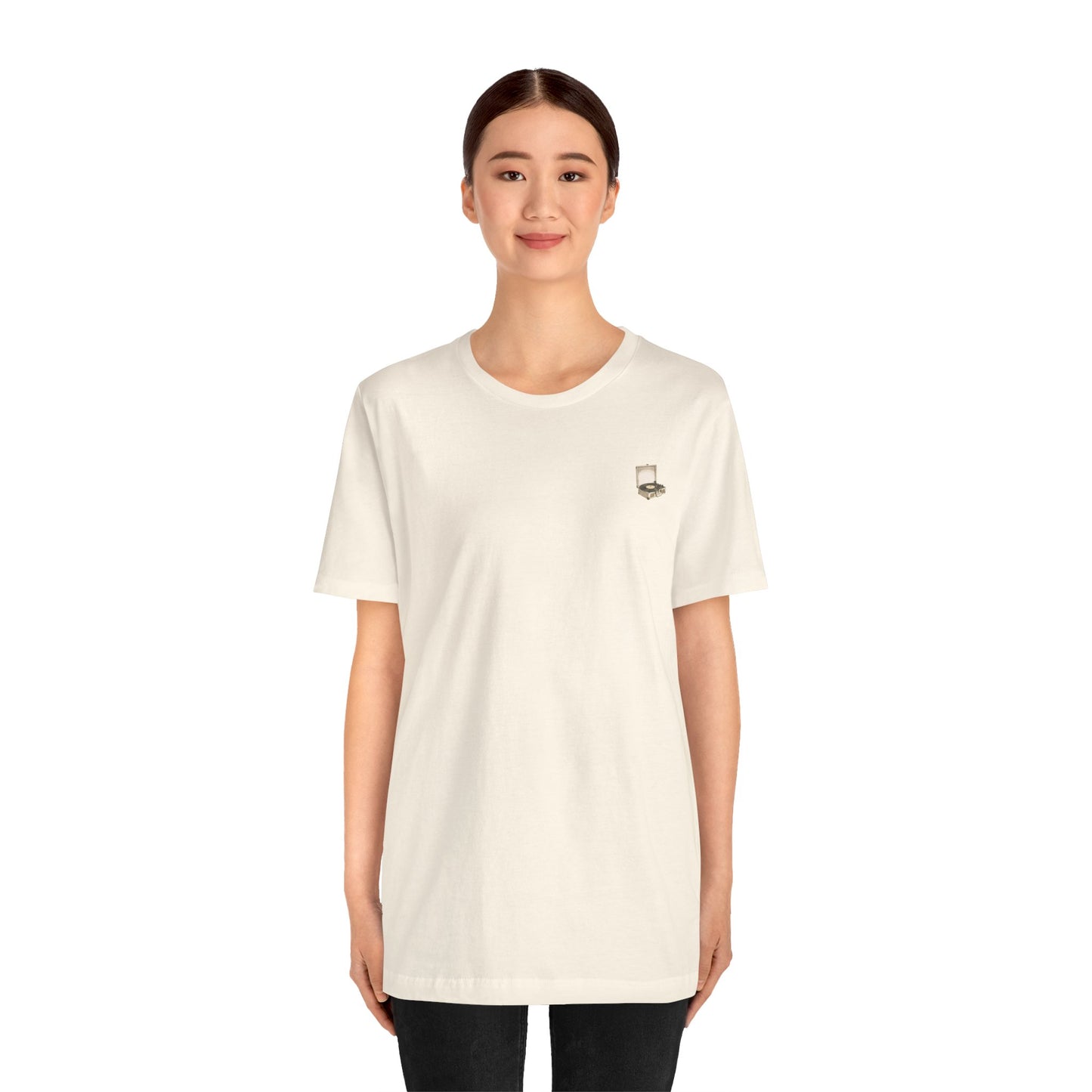 vintage record player graphic  tee on model natural