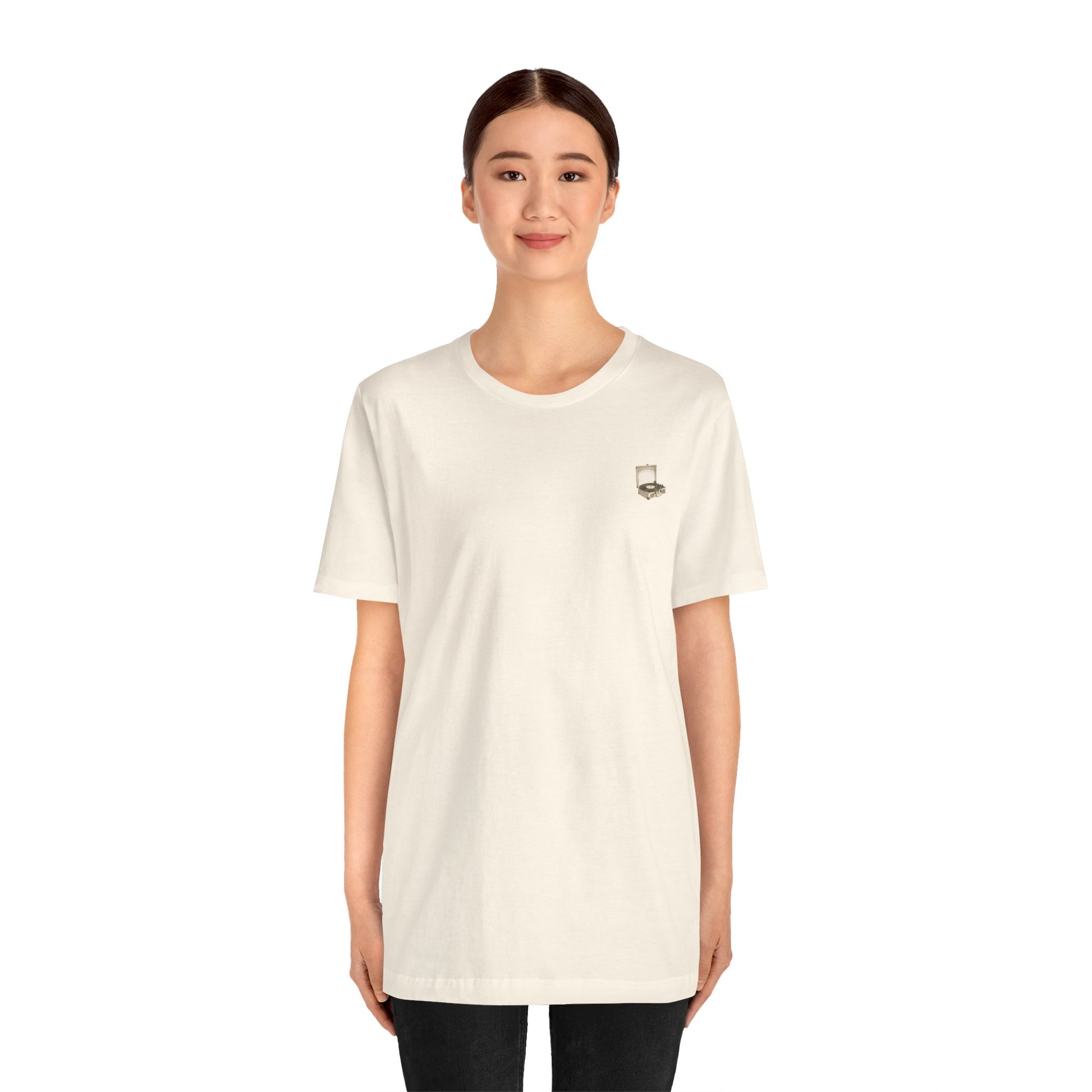 vintage record player graphic  tee on model natural