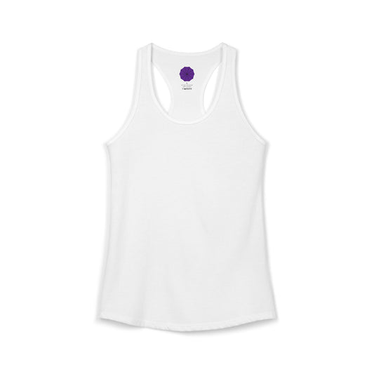 White tank top with a purple logo on a white background