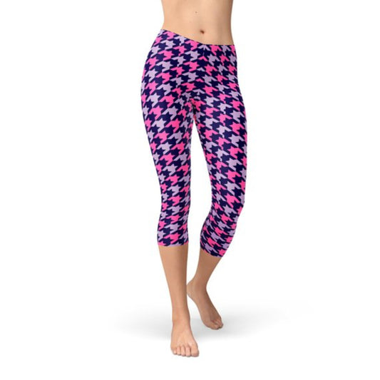 Pink Houndstooth Capri Leggings - ShopPurpleUmbrella