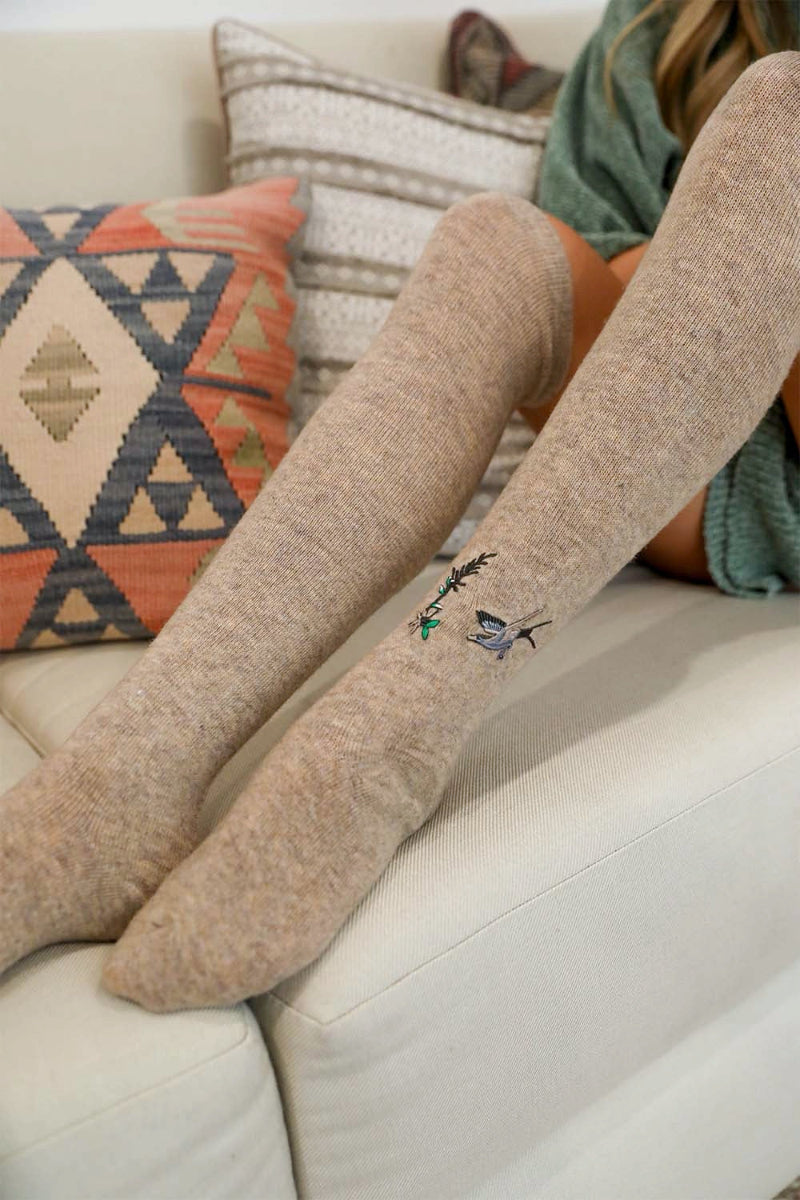 Hummingbird Embroidered Knee Socks - ShopPurpleUmbrella